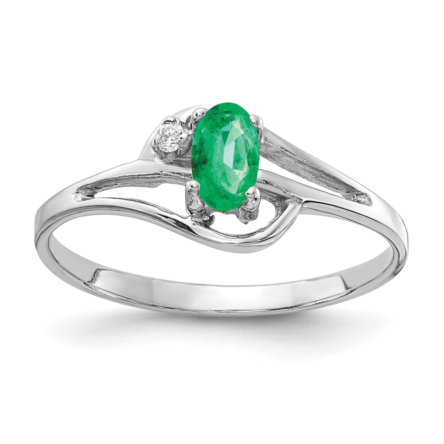 14k White Gold 5x3mm Oval Emerald and AA Diamond Ring