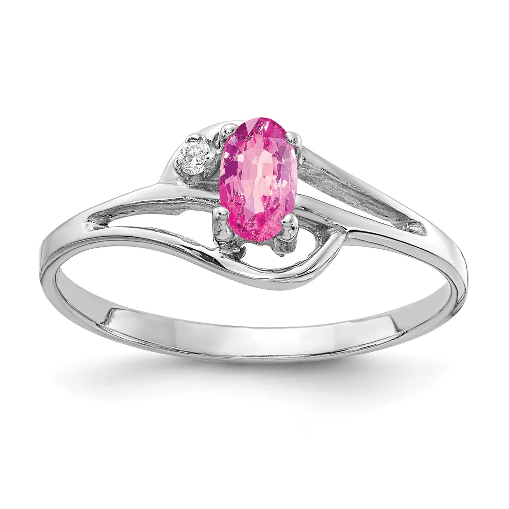 14k White Gold 5x3mm Oval Pink Sapphire and AA Diamond Ring