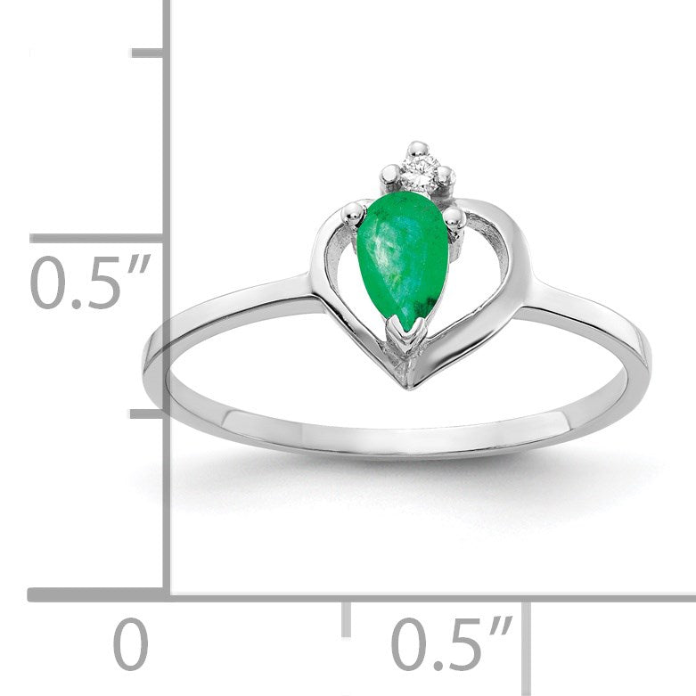 14k White Gold 5x3mm Pear Emerald and AA Diamond Heart Ring