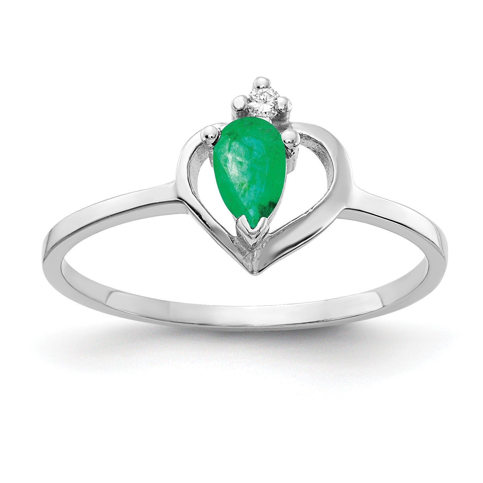 14k White Gold 5x3mm Pear Emerald and AA Diamond Heart Ring
