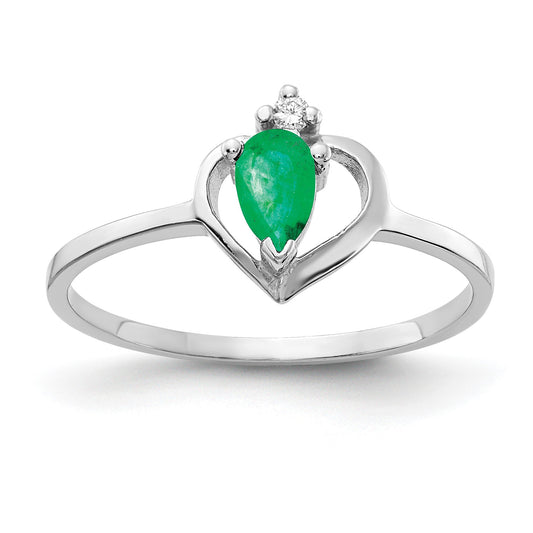 14k White Gold 5x3mm Pear Emerald and AA Diamond Heart Ring