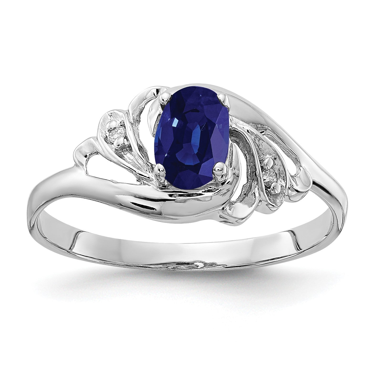 14k White Gold 6x4mm Oval Blue Sapphire and AA Diamond Ring