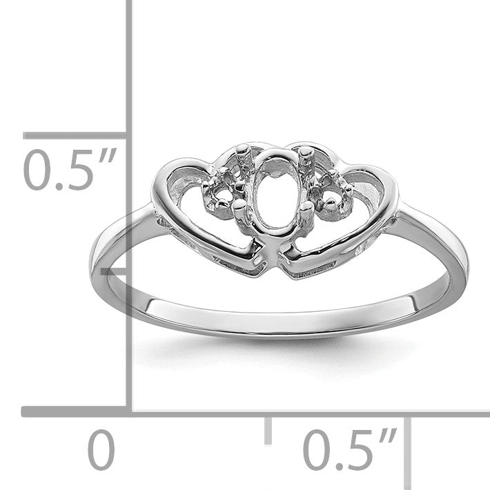 14k White Gold Polished Holds 2-1.5mm Diamonds and 5x3 Oval Gemstone Two Hearts Ring Mounting