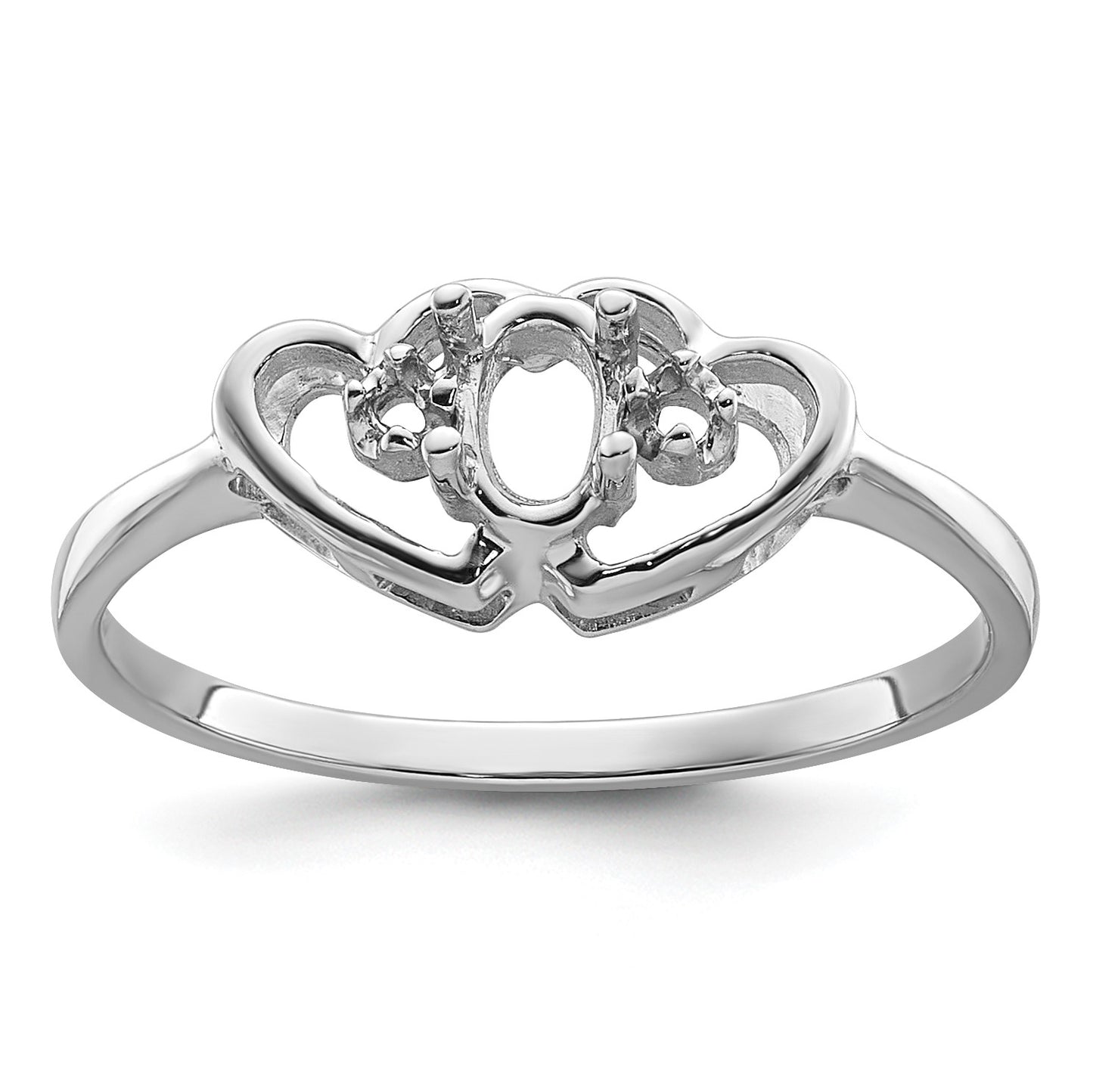 14k White Gold Polished Holds 2-1.5mm Diamonds and 5x3 Oval Gemstone Two Hearts Ring Mounting