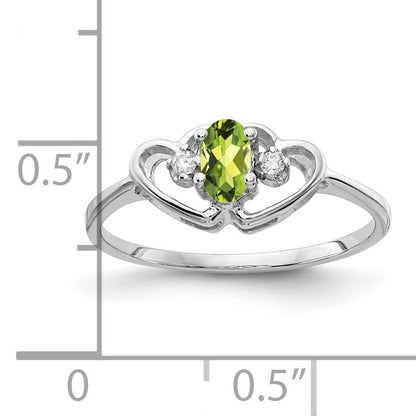 14k White Gold 5x3mm Oval Peridot and AA Diamond Two Hearts Ring
