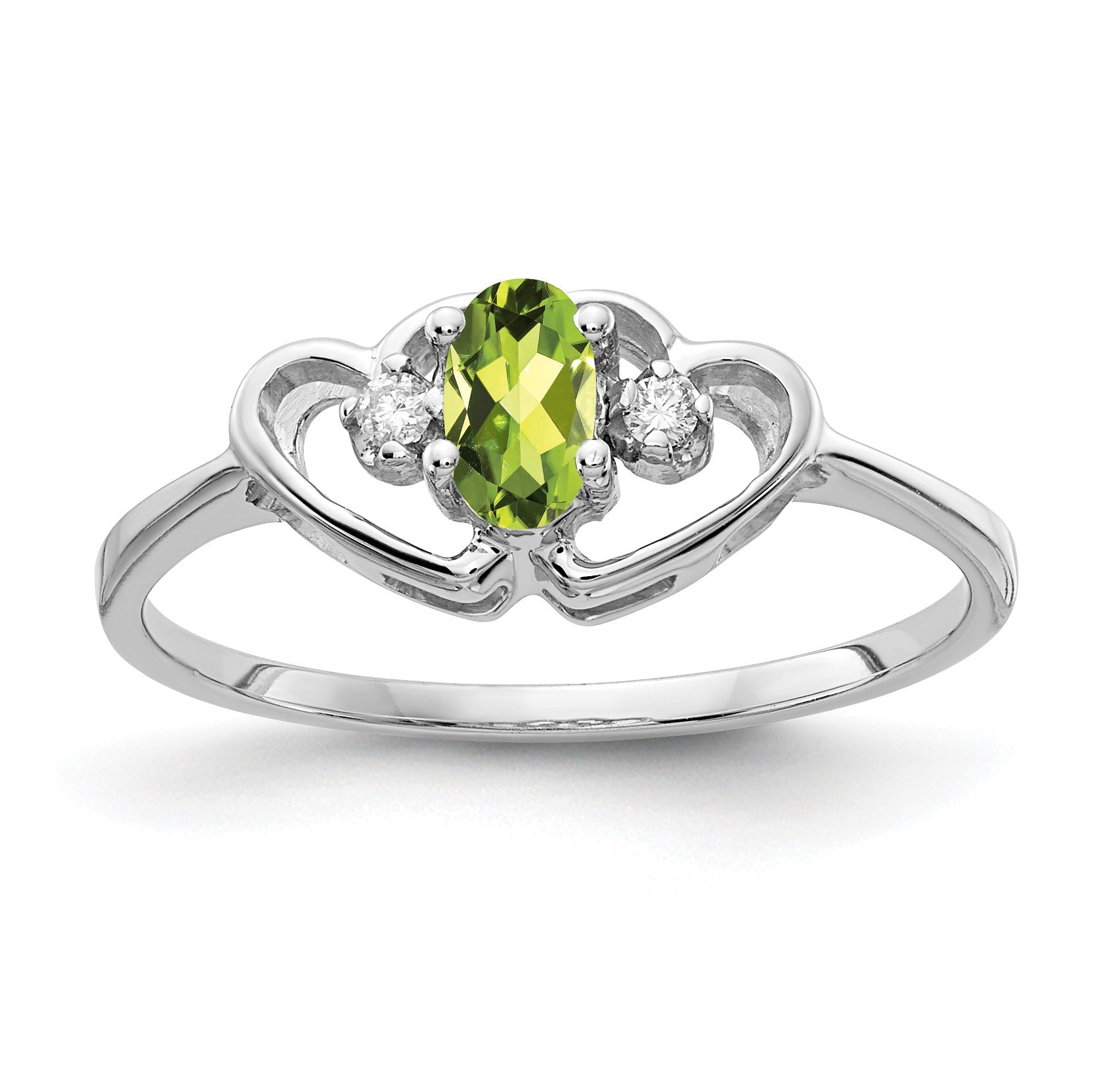 14k White Gold 5x3mm Oval Peridot and AA Diamond Two Hearts Ring