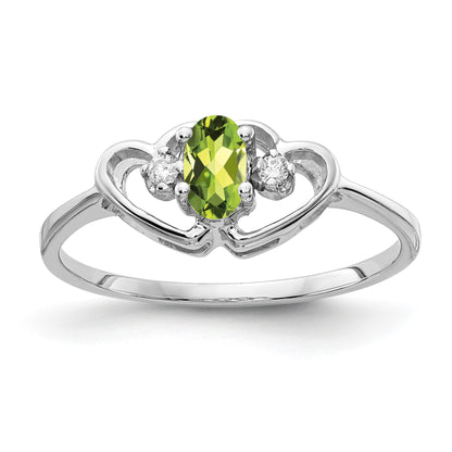 14k White Gold 5x3mm Oval Peridot and AA Diamond Two Hearts Ring