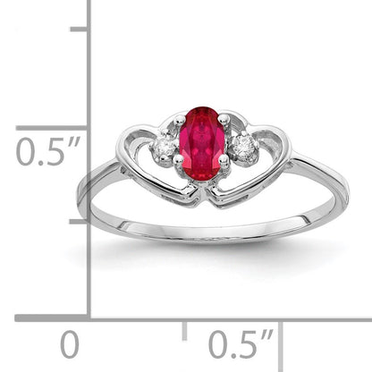 14k White Gold 5x3mm Oval Ruby and AA Diamond Two Hearts Ring
