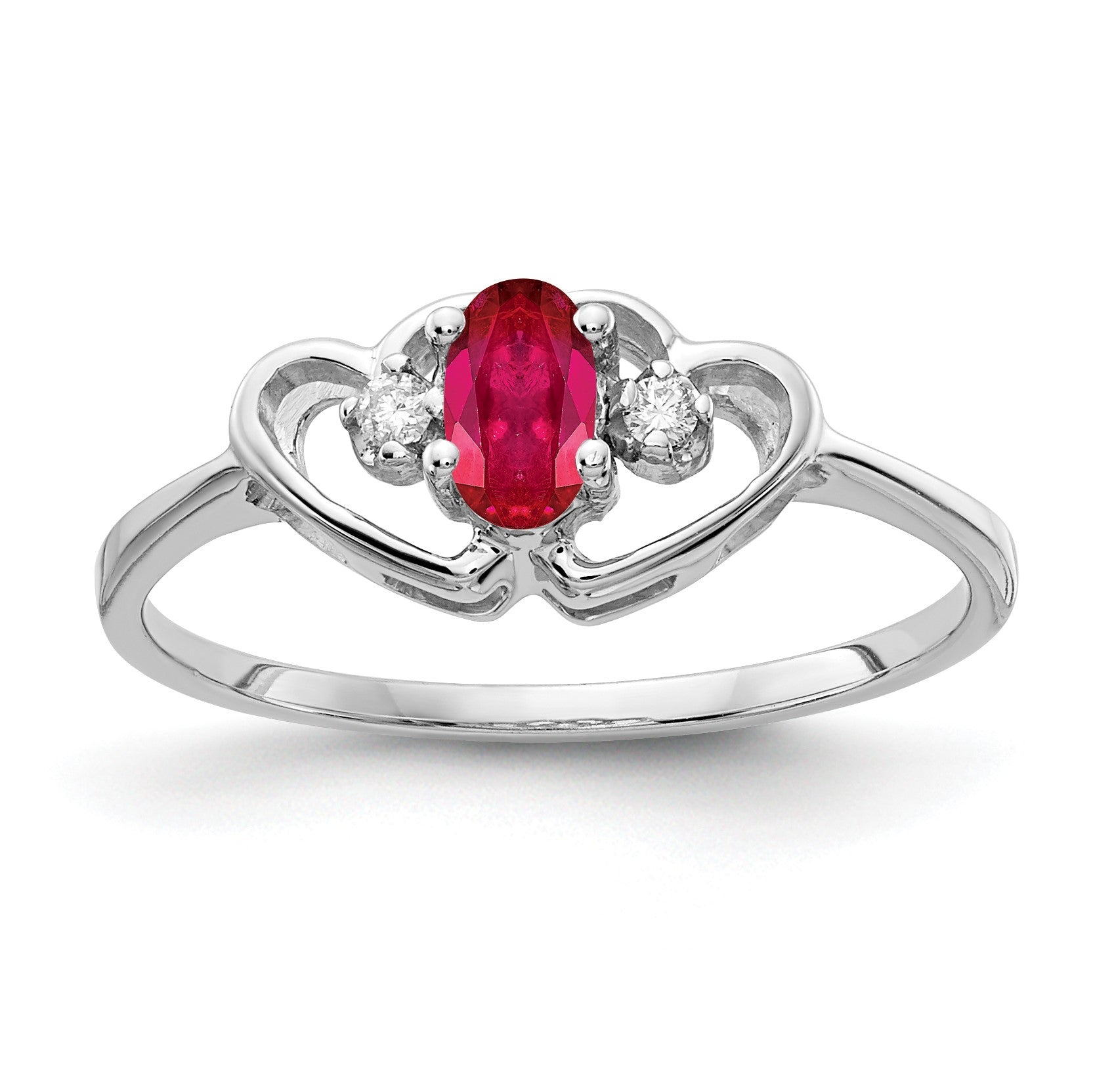 14k White Gold 5x3mm Oval Ruby and AA Diamond Two Hearts Ring