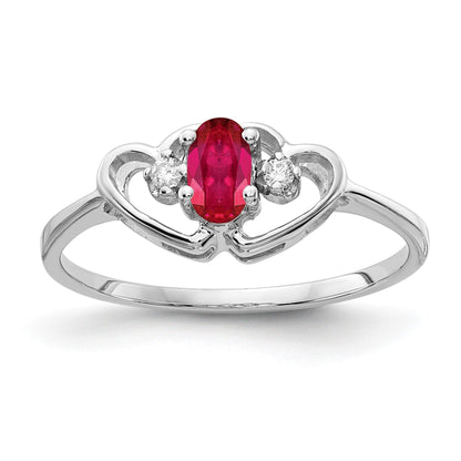 14k White Gold 5x3mm Oval Ruby and AA Diamond Two Hearts Ring