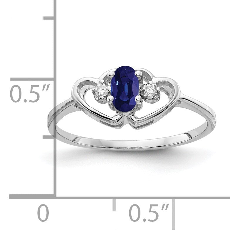 14k White Gold 5x3mm Oval Blue Sapphire and AA Diamond Two Hearts Ring