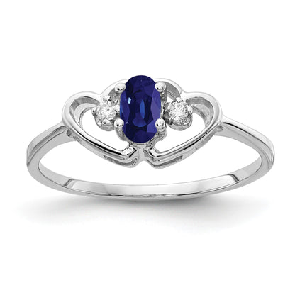 14k White Gold 5x3mm Oval Blue Sapphire and AA Diamond Two Hearts Ring
