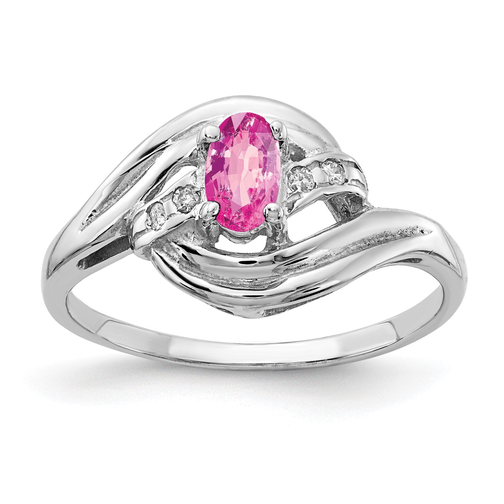 14k White Gold 5x3mm Oval Pink Sapphire and AA Diamond Ring