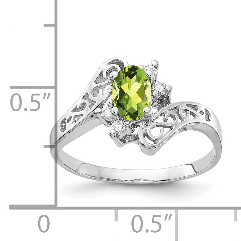 14k White Gold 6x4mm Oval Peridot and 1/20 carat AA Diamond Ring