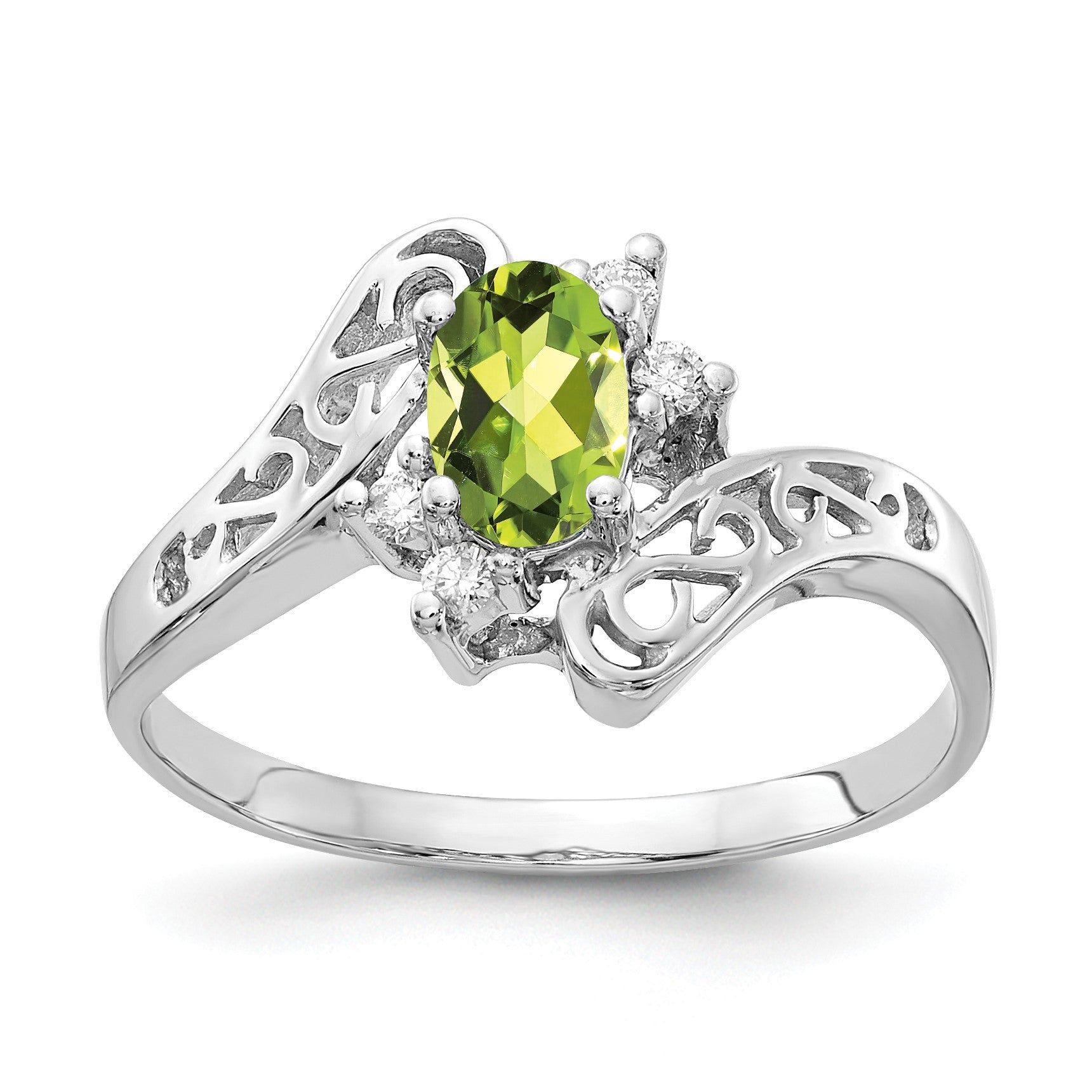 14k White Gold 6x4mm Oval Peridot and 1/20 carat AA Diamond Ring