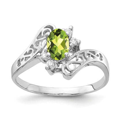 14k White Gold 6x4mm Oval Peridot and 1/20 carat AA Diamond Ring