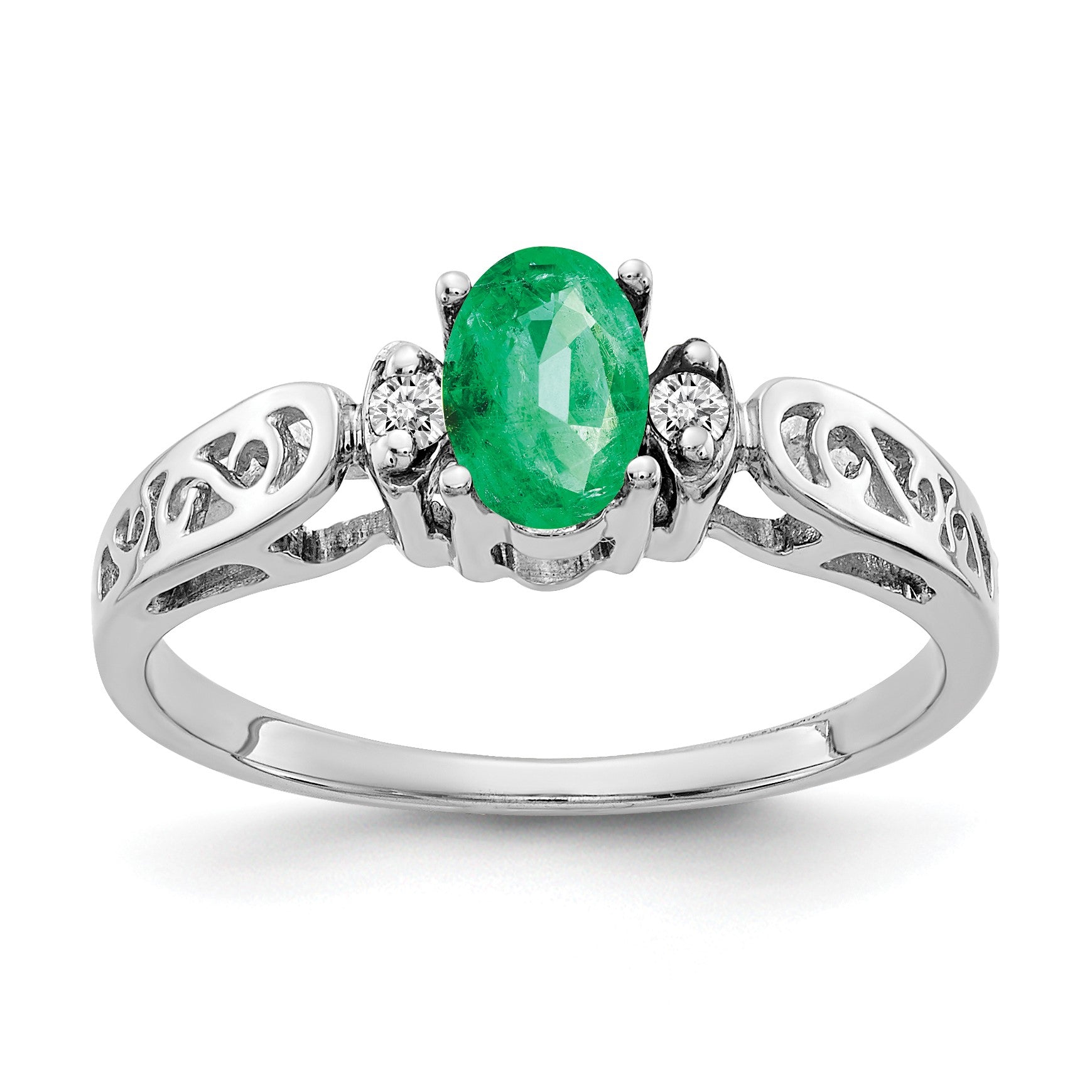 14k White Gold 6x4mm Oval Emerald and AA Diamond Ring