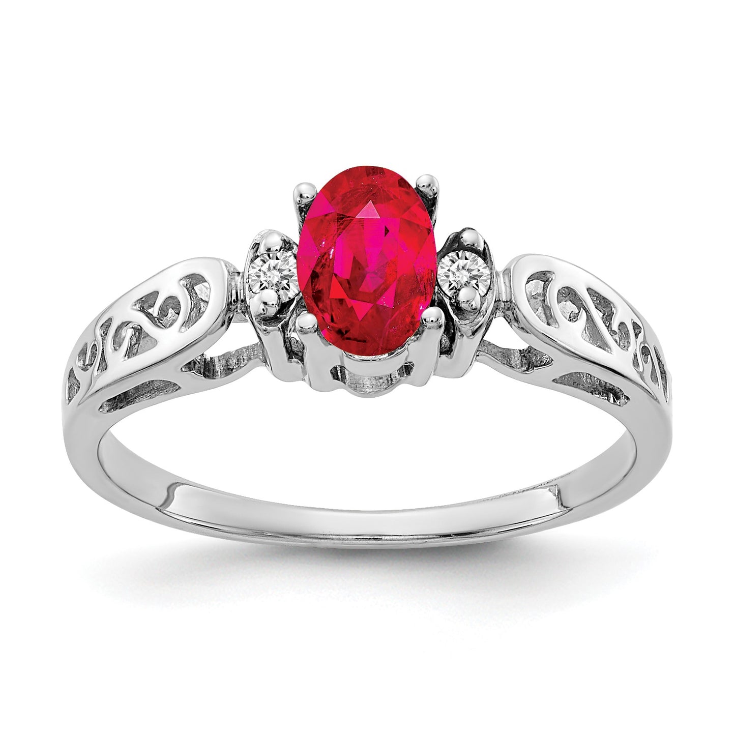 14k White Gold 6x4mm Oval Ruby and AA Diamond Ring