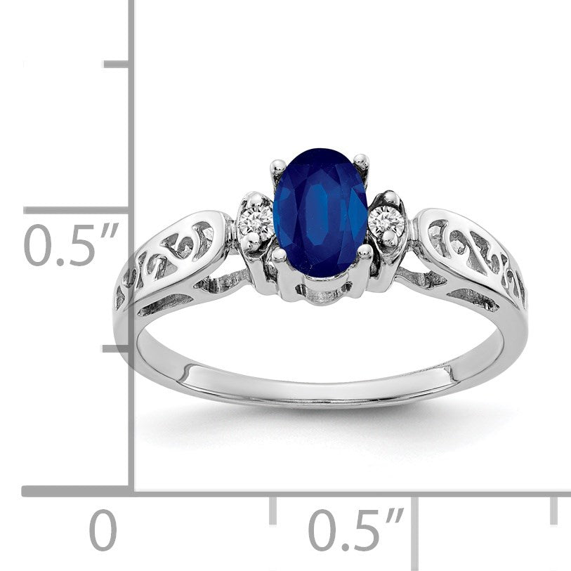 14k White Gold 6x4mm Oval Blue Sapphire and AA Diamond Ring