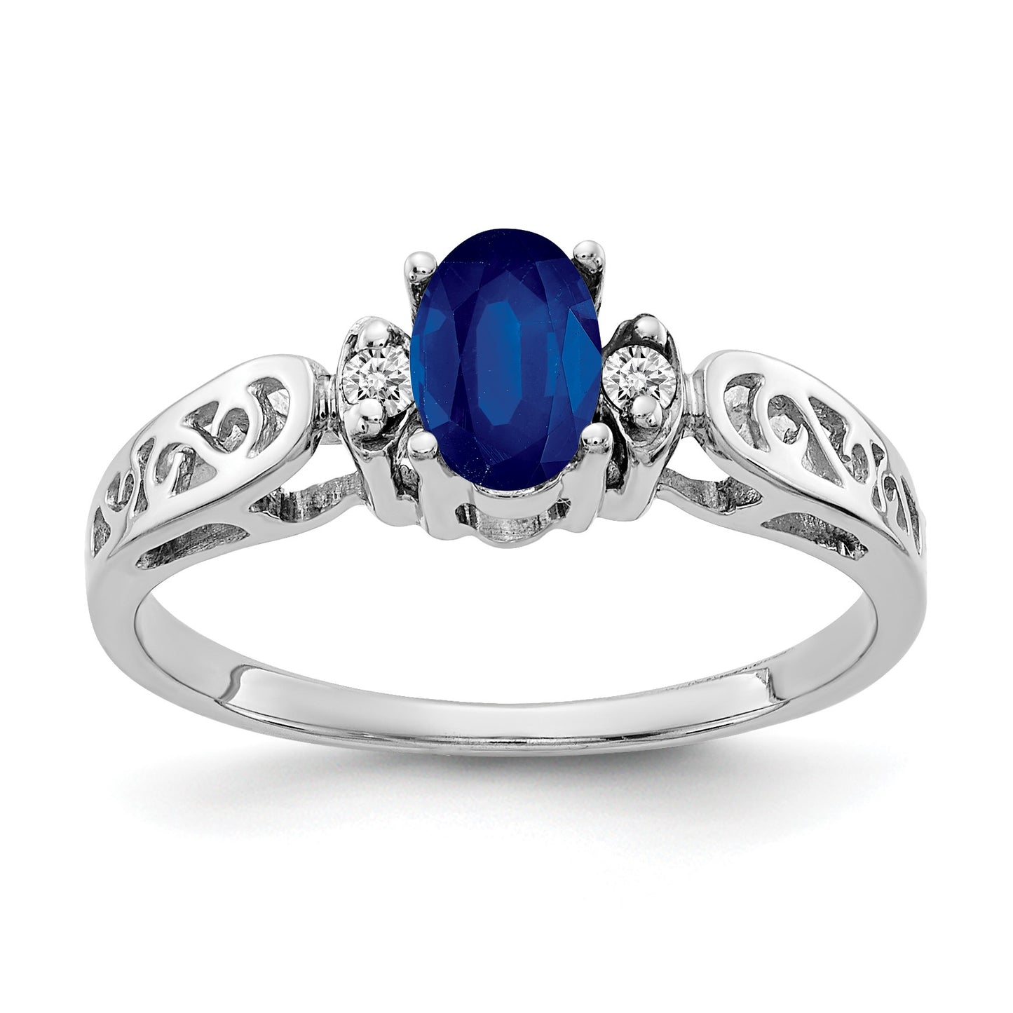 14k White Gold 6x4mm Oval Blue Sapphire and AA Diamond Ring