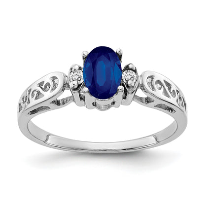 14k White Gold 6x4mm Oval Blue Sapphire and AA Diamond Ring