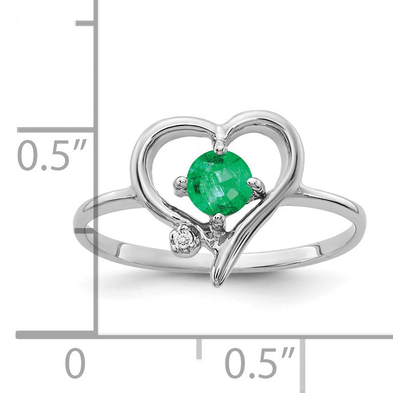 14k White Gold AA Diamond and 4mm Round Emerald Heart Ring