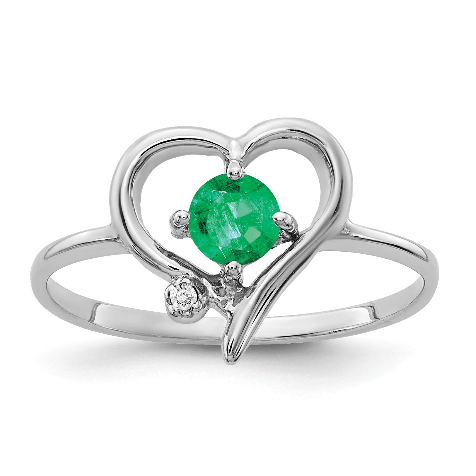 14k White Gold AA Diamond and 4mm Round Emerald Heart Ring
