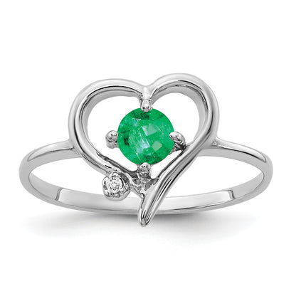 14k White Gold AA Diamond and 4mm Round Emerald Heart Ring