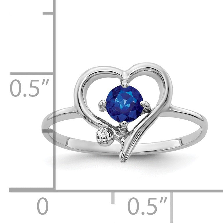 14k White Gold AA Diamond and 4mm Blue Sapphire Heart Ring