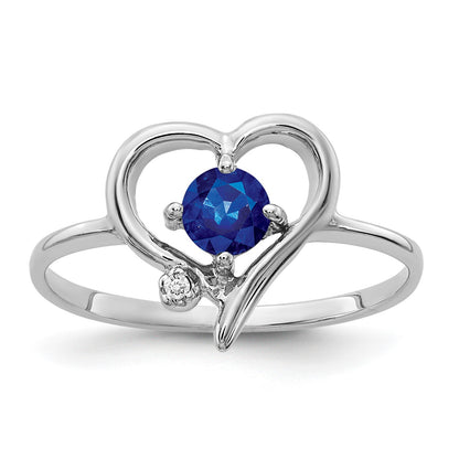 14k White Gold AA Diamond and 4mm Blue Sapphire Heart Ring