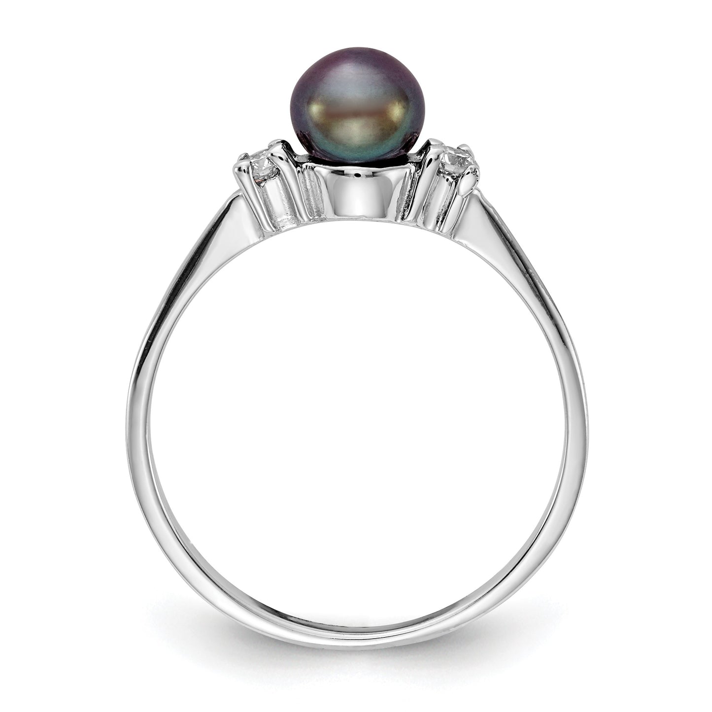 14k White Gold 5mm Black Freshwater Cultured Pearl and 1/15 carat AA Diamond Ring