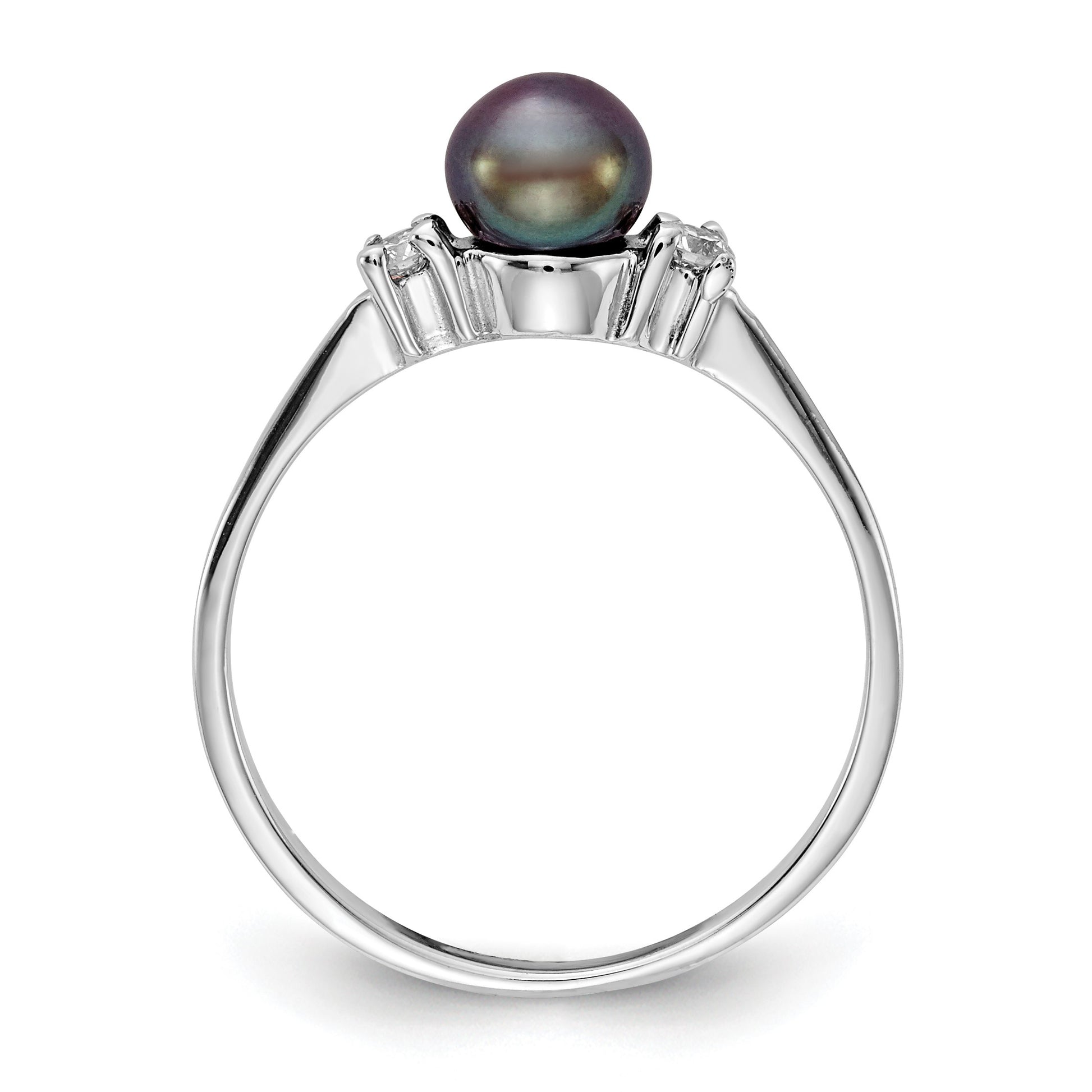 14k White Gold 5mm Black Freshwater Cultured Pearl and 1/15 carat AA Diamond Ring
