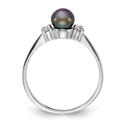 14k White Gold 5mm Black Freshwater Cultured Pearl and 1/15 carat AA Diamond Ring