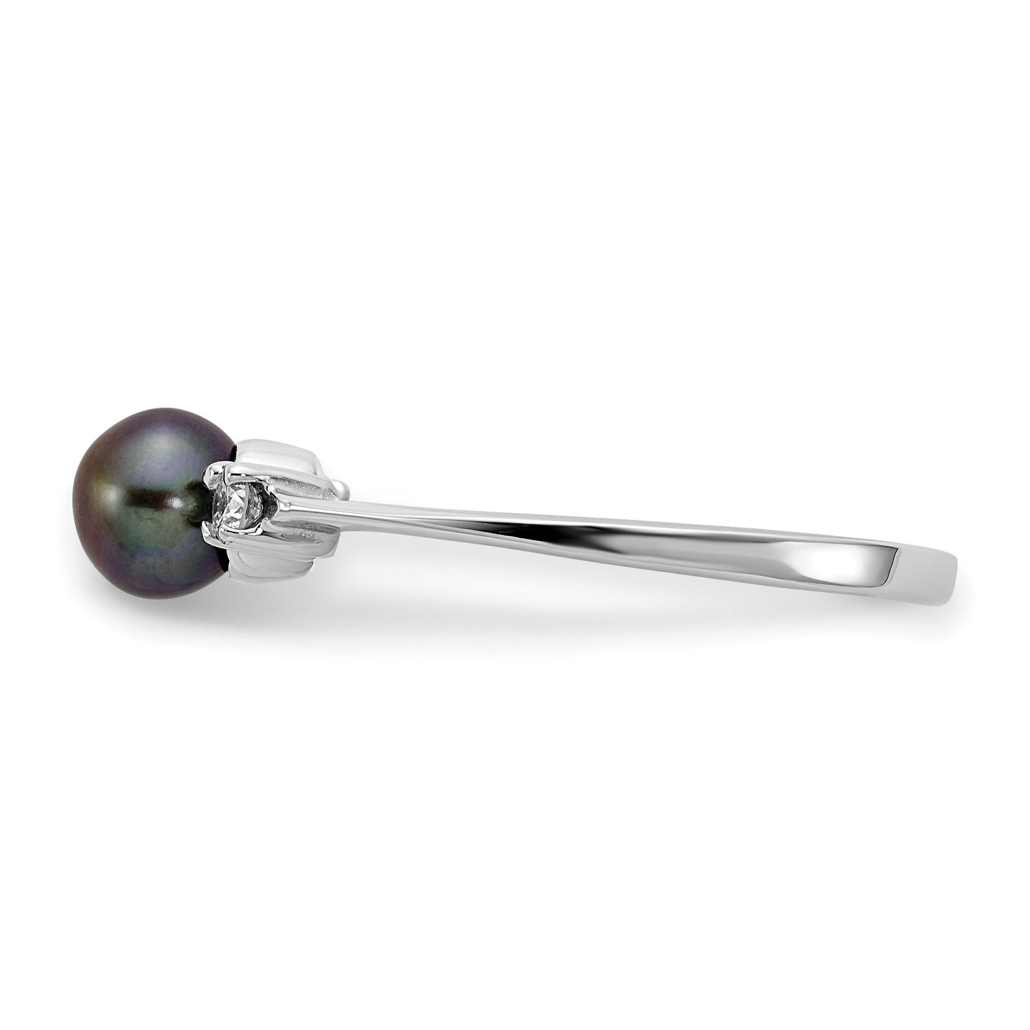 14k White Gold 5mm Black Freshwater Cultured Pearl and 1/15 carat AA Diamond Ring
