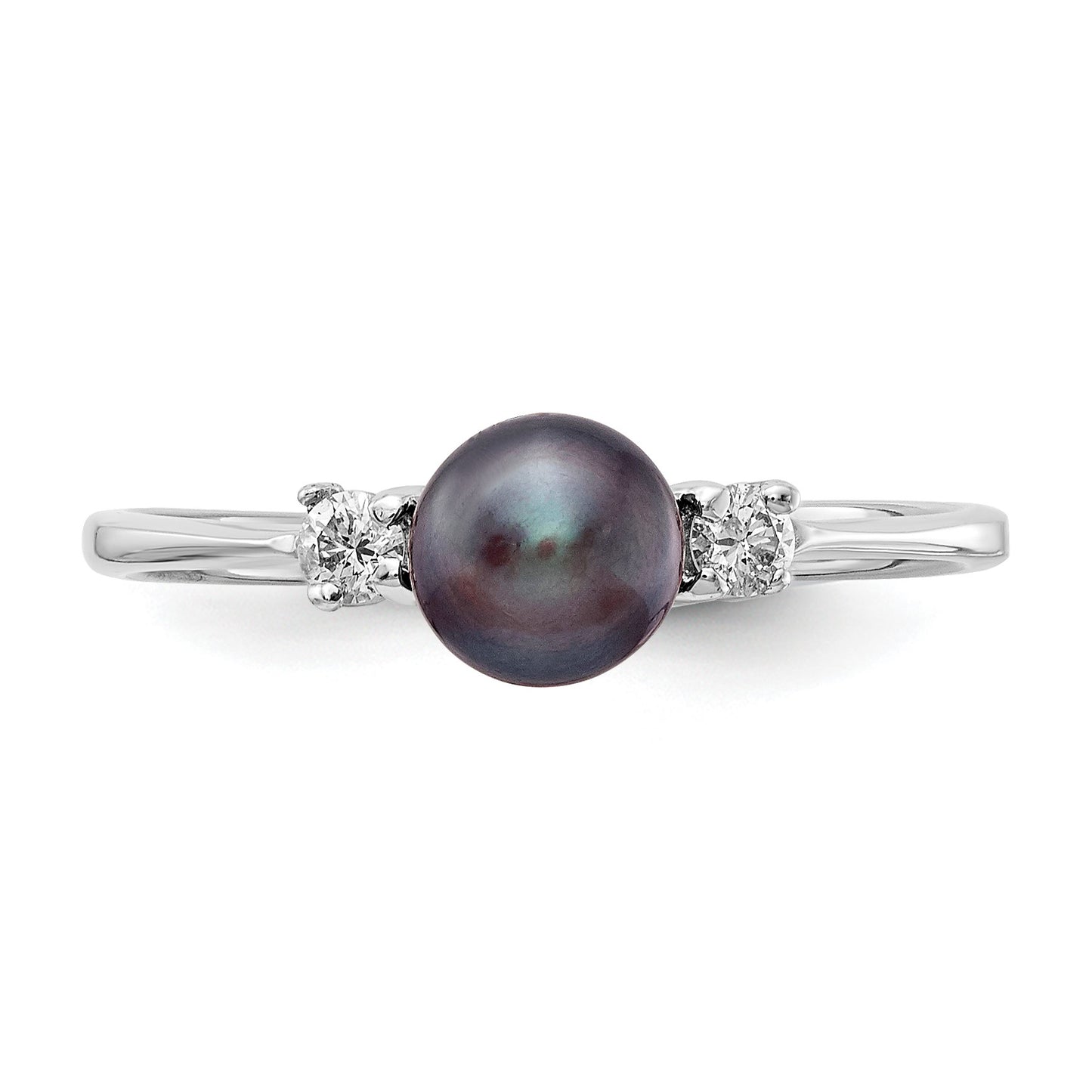 14k White Gold 5mm Black Freshwater Cultured Pearl and 1/15 carat AA Diamond Ring
