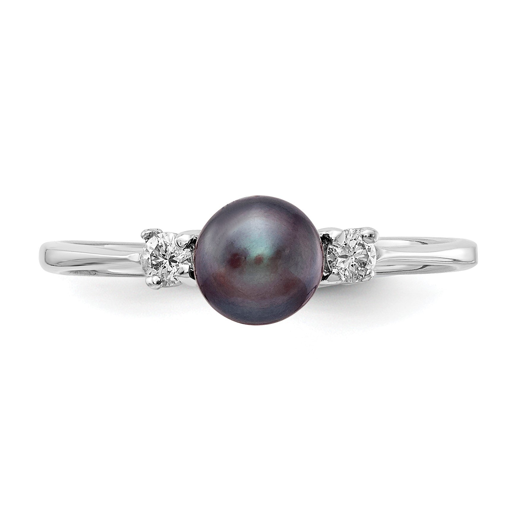 14k White Gold 5mm Black Freshwater Cultured Pearl and 1/15 carat AA Diamond Ring