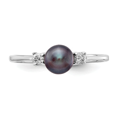 14k White Gold 5mm Black Freshwater Cultured Pearl and 1/15 carat AA Diamond Ring