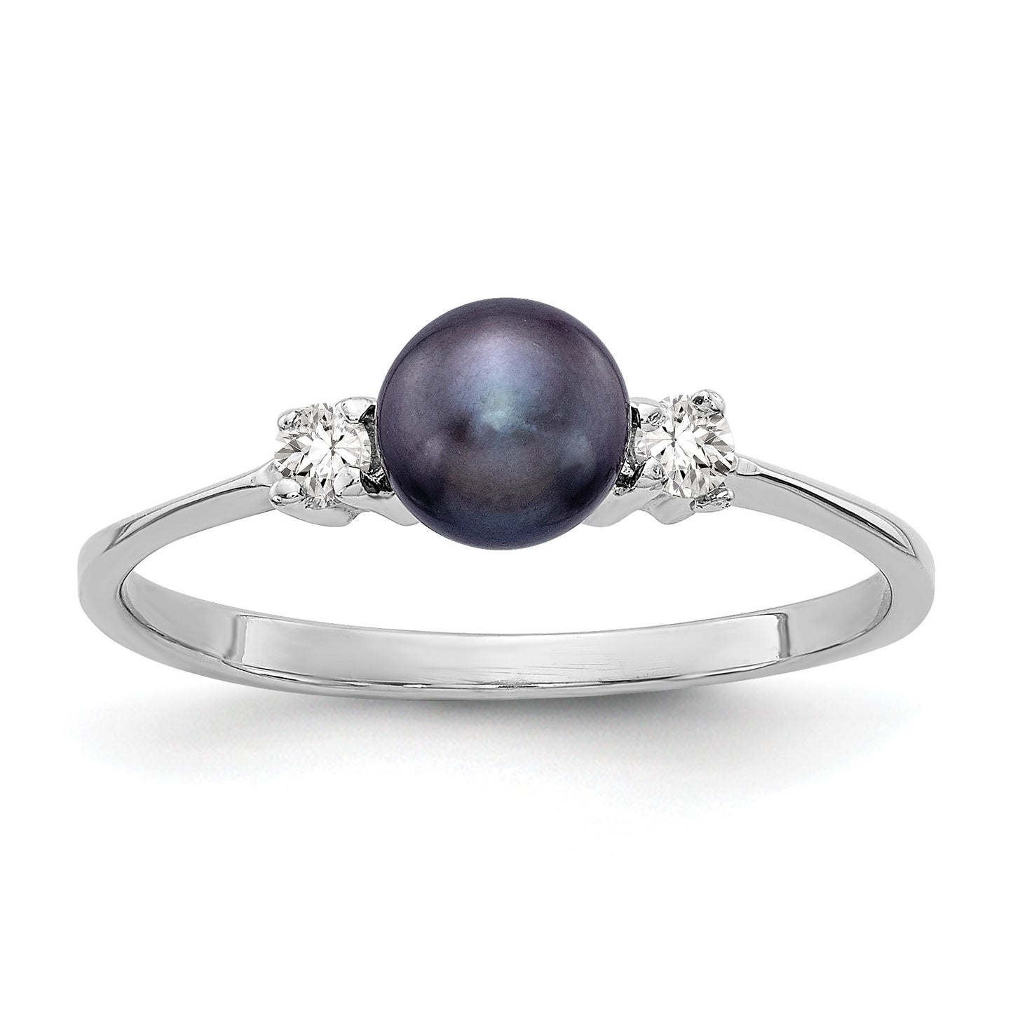 14k White Gold 5mm Black Freshwater Cultured Pearl and 1/15 carat AA Diamond Ring