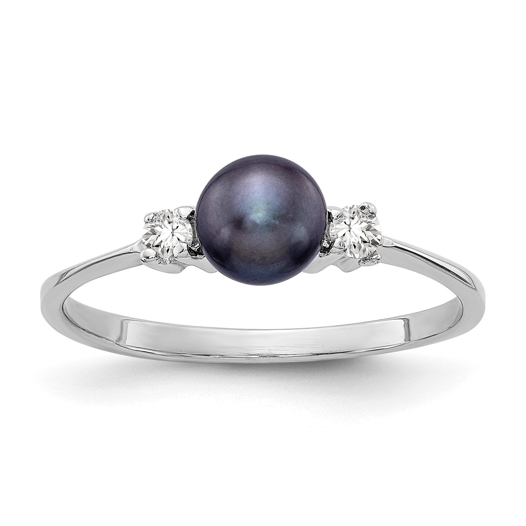 14k White Gold 5mm Black Freshwater Cultured Pearl and 1/15 carat AA Diamond Ring