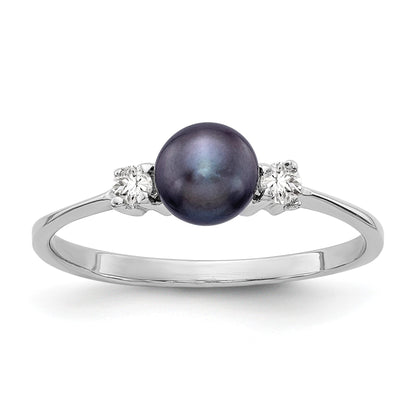 14k White Gold 5mm Black Freshwater Cultured Pearl and 1/15 carat AA Diamond Ring