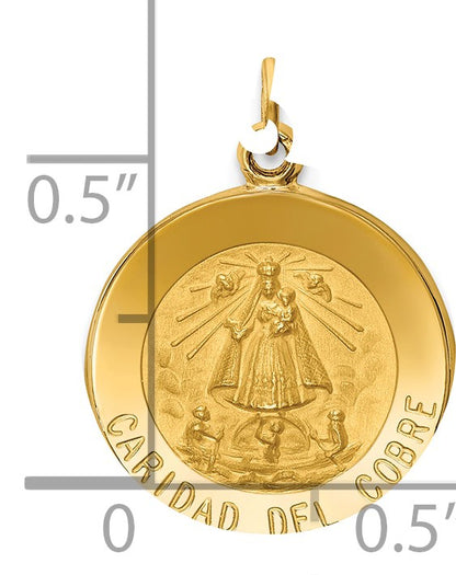 14k Polished and Satin Solid Caridad Del Cobre Medal Round Pendant