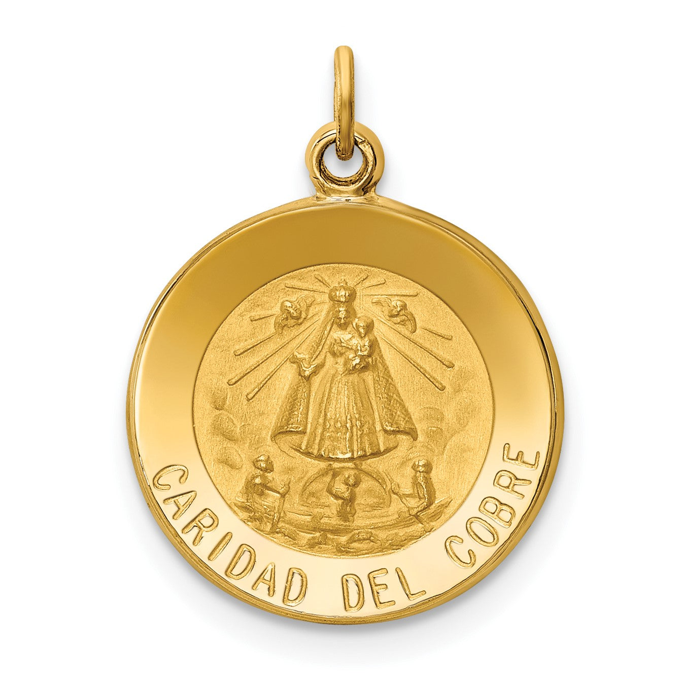 14k Polished and Satin Solid Caridad Del Cobre Medal Round Pendant