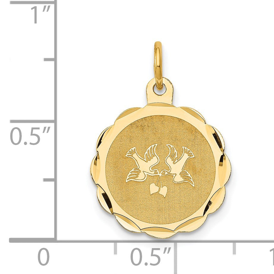 14k Love Birds Scalloped Border Engravable Disc Charm