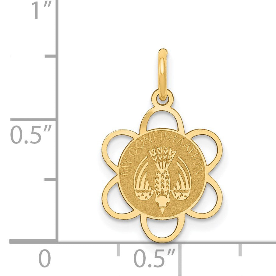 14k Polished MY CONFIRMATION with Dove Scalloped Edge Round Charm