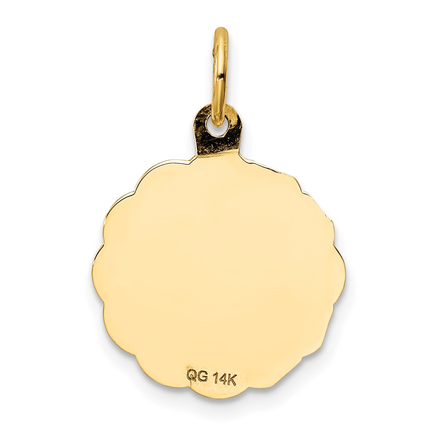 14k Polished and Satin Solid MY CONFIRMATION with Dove Scalloped Edge Round Disc Pendant