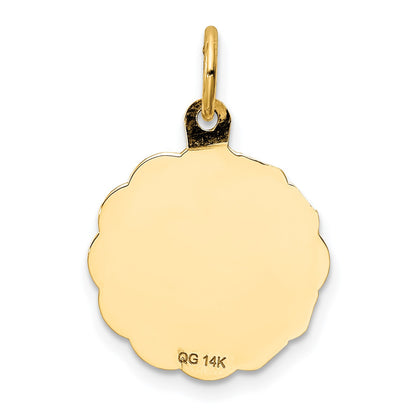 14k Polished and Satin Solid MY CONFIRMATION with Dove Scalloped Edge Round Disc Pendant