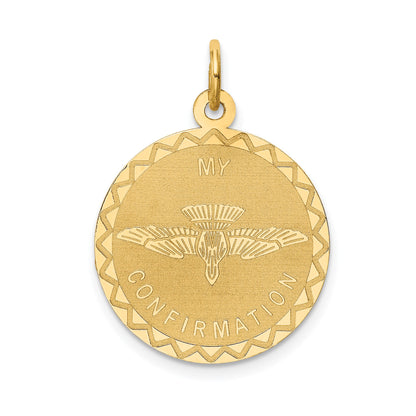 14k Polished and Satin Solid MY CONFIRMATION with Dove Round Disc Pendant