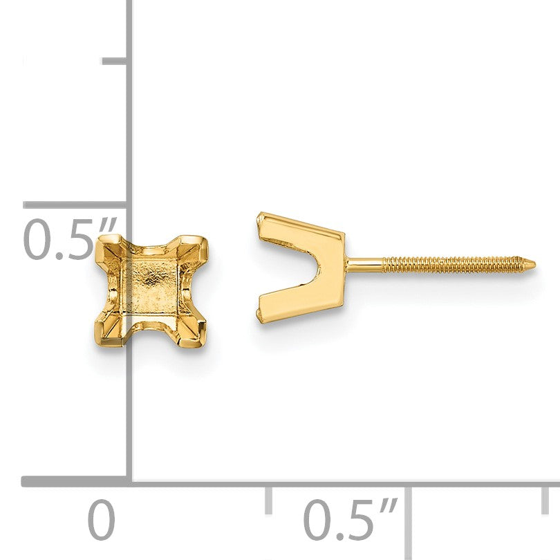 14k 4mm Princess-cut Stud Earring Mountings