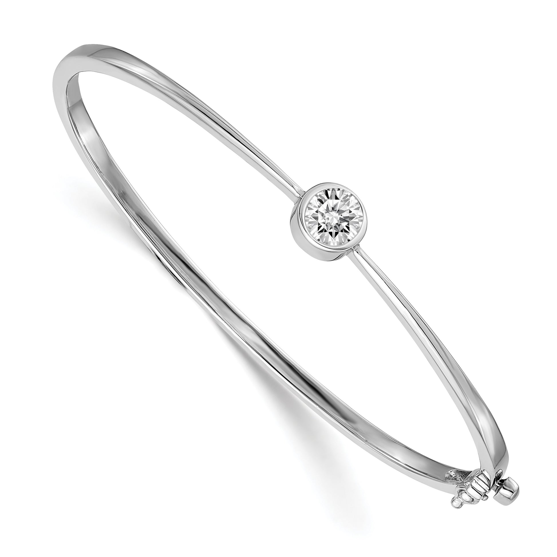 14k White Gold Holds 1 carat 6.0mm Round Stone Hinged Oval Bangle Bracelet Mounting