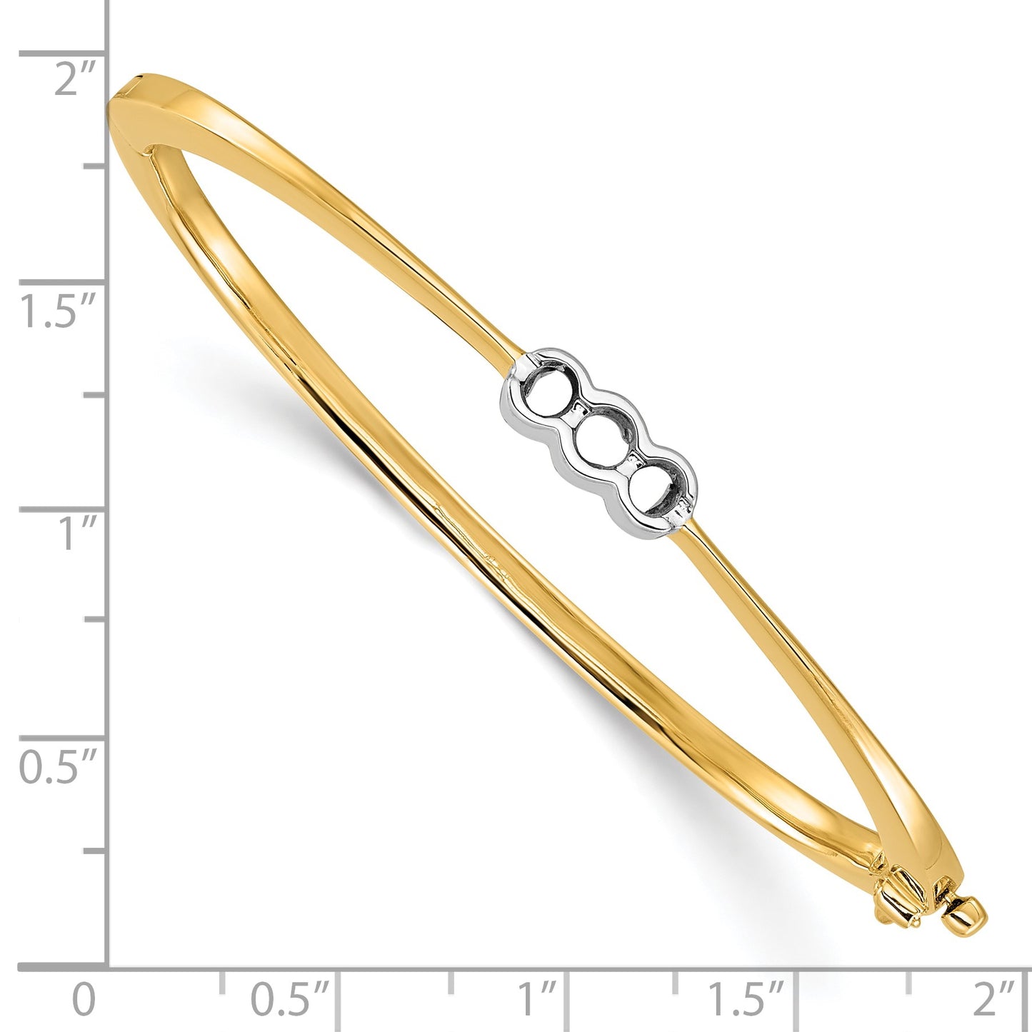 14k Two-tone Holds 1/2 carat 1-3.8mm and 2-3.4mm Round Stones Hinged Oval Bangle Bracelet Mounting